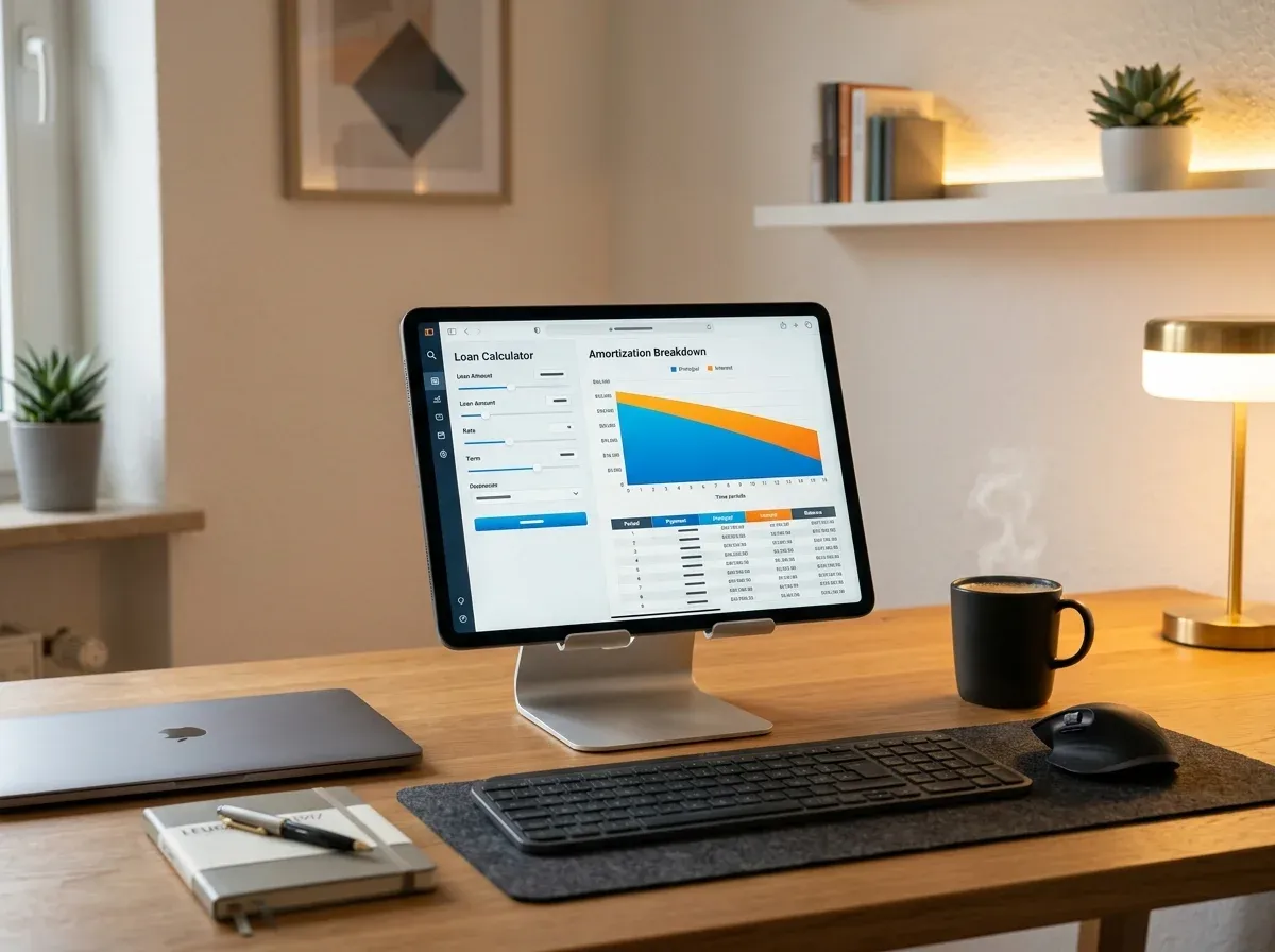 Desk with tablet showing loan calculator and budgeting notes